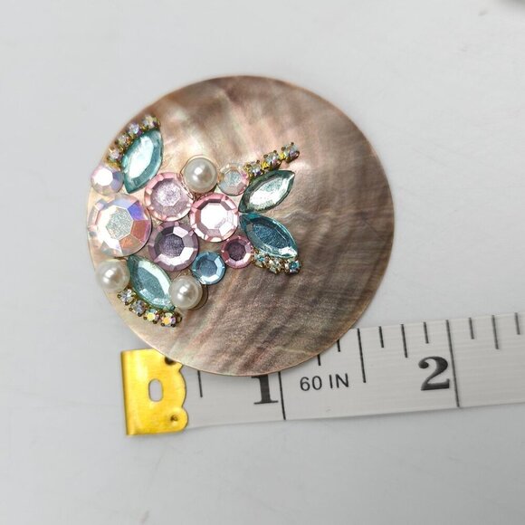 Vintage MOP Abalone Pearl Necklace Clip-On Earrings Set With Rhinestone Accents - Picture 8 of 9